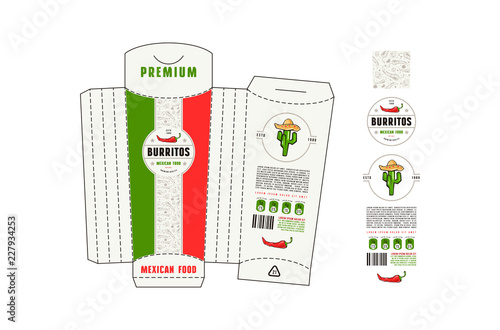 Stock vector design of tall cardboard packaging for burrito mexican food