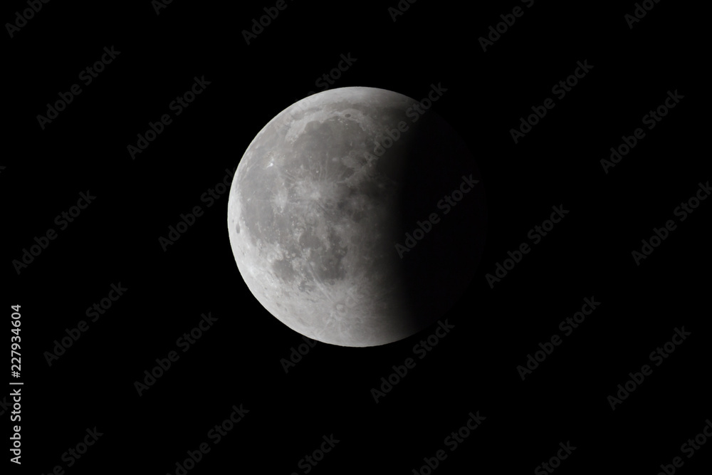 Super Bloody Moon, full eclipse last phase against black sky background, one third of the Moon surface covered by Earth's shadow Super Bloody Moon, full eclipse last phase against black sky background, one third of the Moon surface covered by Earth's shadow
