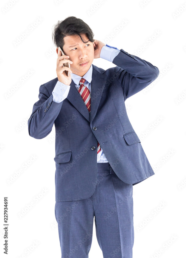 Business men portrait holding phone isolated on white Business men portrait holding phone isolated on white