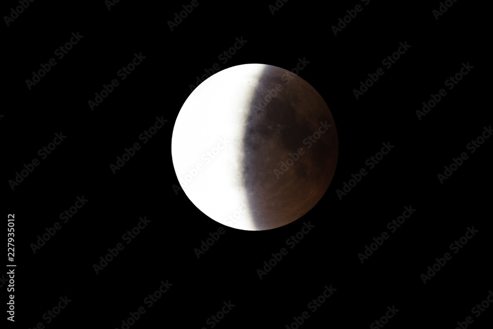 Super Bloody Moon Full Eclipse End Phase Against Black Sky Background Half Of The Moon Surface Covered By Earth S Shadow Stock Photo Adobe Stock