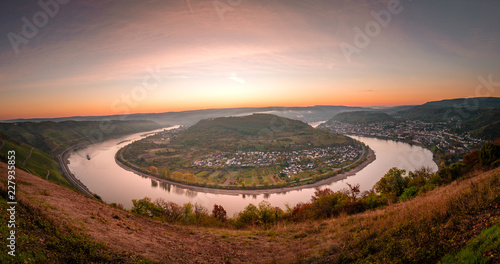 Sunrise at the Rhine village by Boppard Germany, Picturesque bend of the river Rhine near the town Boppard Filsen , Wine area middle Rhine Valley, Germany. Rhine Valley is UNESCO World Heritage Site photo