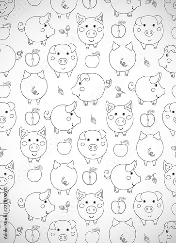 Vertical greeting card with cute cartoon contour pigs, apples and acorns on white. Vector