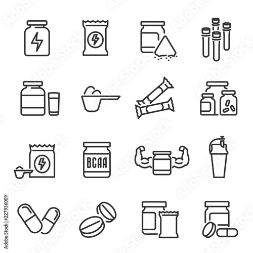 Sports supplements and health food icon set
