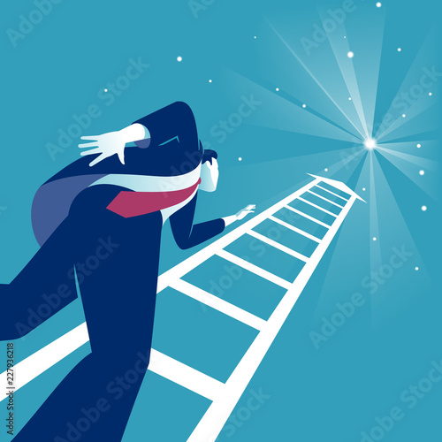 Reaching the Stars. Businessman steps onto ladder pointing to the star. Business concept illustration