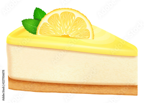 Cheesecake with lemon and mint leaves. Vector illustration.