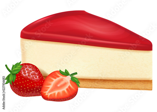 Cheesecake with strawberry jam and strawberry berries. Vector illustration.