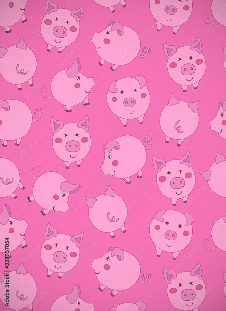 Vertical greeting card with cute cartoon pink pigs, apples and acorns on dark pink background. Vector