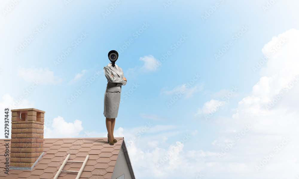 Concept of security and privacy protection with camera headed woman Concept of security and privacy protection with camera headed woman