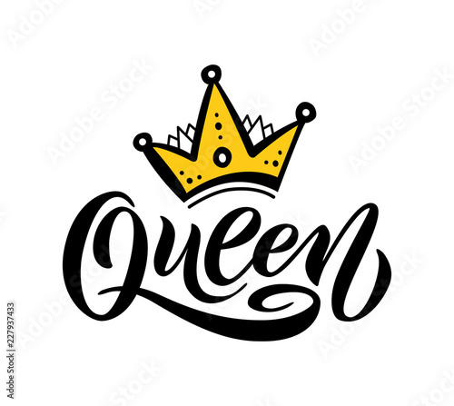 Queen word with crown. Hand lettering text vector illustration