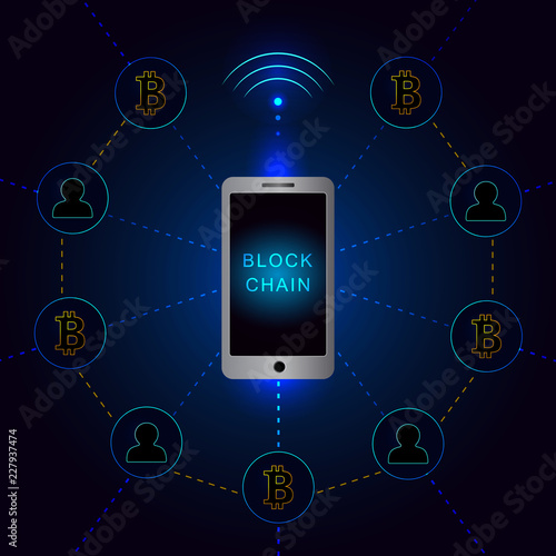 Blockchain network using smartphone banner .Circle blocks connection with each other and shapes crypto chain. Blockchain cryptocurrencies global network technology e-commerce business management.