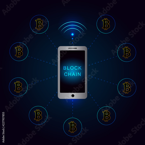 Blockchain network using smartphone banner .Circle blocks connection with each other and shapes crypto chain. Blockchain cryptocurrencies global network technology e-commerce business management.