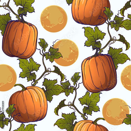 Halloween Seamless Pattern.Pumpkins and moon. Chaotic distribution of elements. Isolated on white background. EPS10 vector illustration