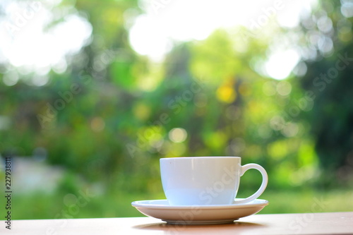 Coffee cup in the morning wooden table and green nature background.