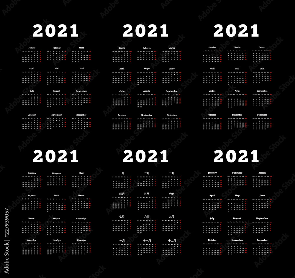 Set of 2021 year simple vertical calendars on different languages like