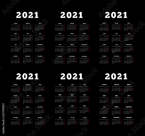 Set of 2021 year simple vertical calendars on different languages like english, german, russian, french, spanish and chinese on dark background