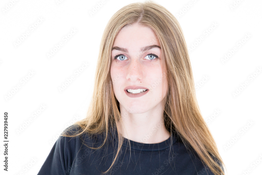 beauty portrait girl smiling woman in white background