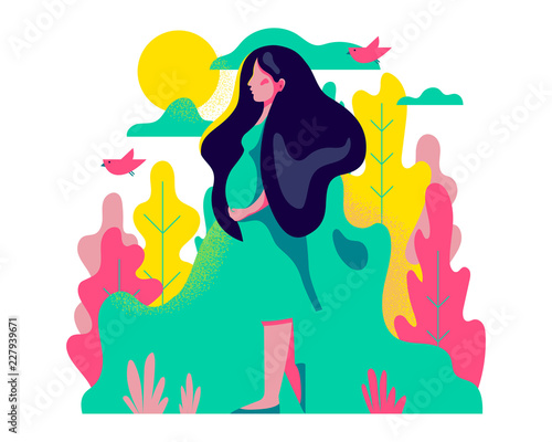 Cute pregnant woman walking. Vector illustration of woman waiting for a baby. Happy mom expecting baby. Pregnancy.