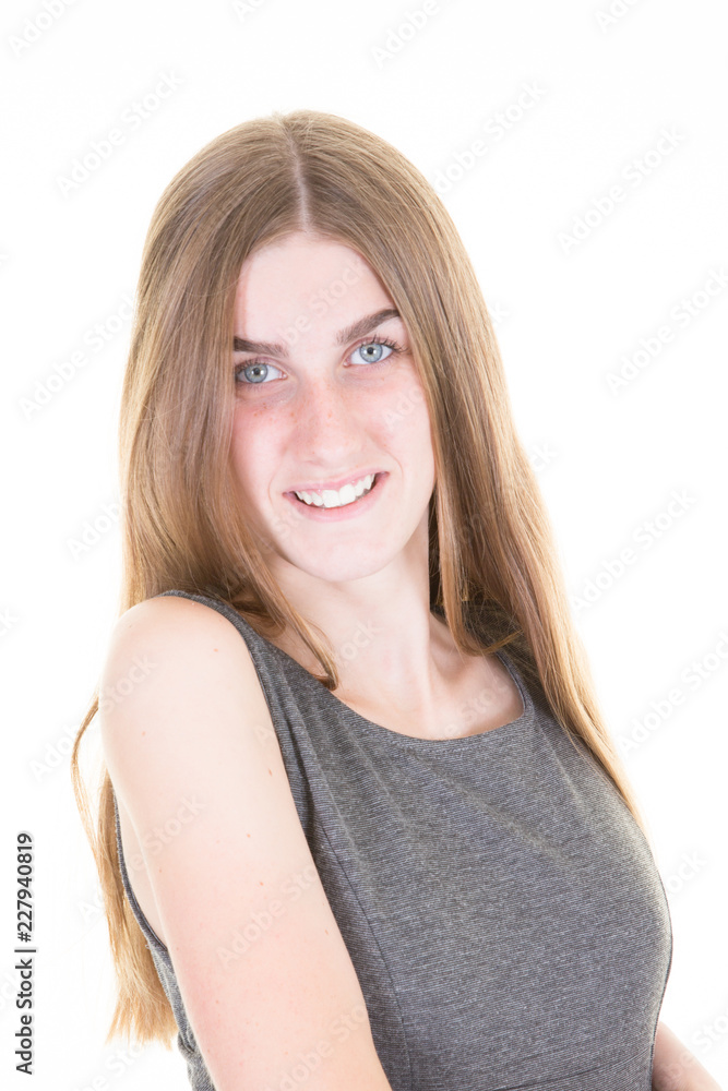 Portrait of young cute cheerful young woman smiling looking at camera Portrait of young cute cheerful young woman smiling looking at camera