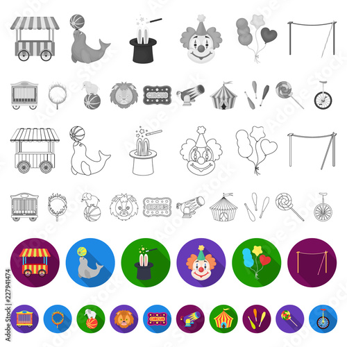 Circus and attributes flat icons in set collection for design. Circus Art vector symbol stock web illustration.