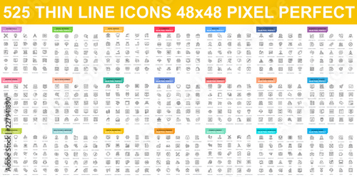 Simple set of vector thin line icons. Contains such Icons as Business, Marketing, Shopping, Banking, E-commerce, Technology, Social Media, Education, Web Development, and more. Linear pictogram pack.