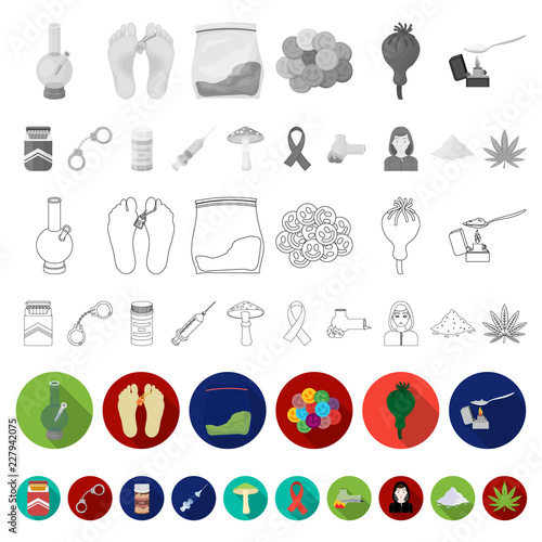 Drug addiction and attributes flat icons in set collection for design. Addict and Drug vector symbol stock web illustration.