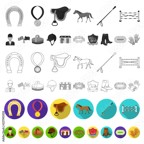 Hippodrome and horse flat icons in set collection for design. Horse Racing and Equipment vector symbol stock web illustration.