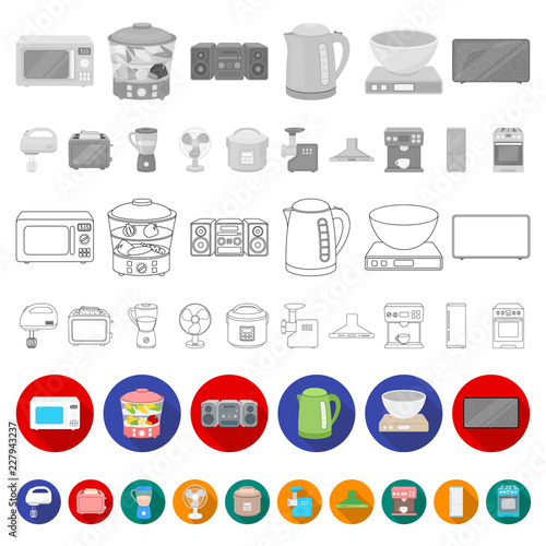 Types of household appliances flat icons in set collection for design.Kitchen equipment vector symbol stock web illustration.