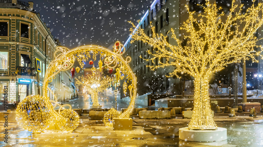 Christmas in Moscow. Festively decorated Stoleshnikov lane in Moscow