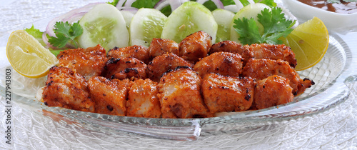 Fish Tikka, Delicious and Spicy Boneless Fish Meat on Skewers, Ready for Serve