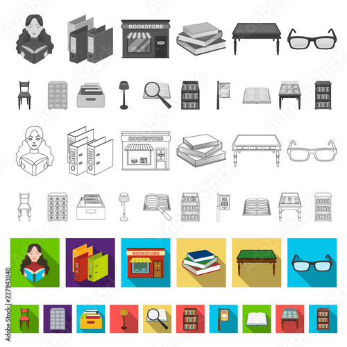 Library and bookstore flat icons in set collection for design. Books and furnishings vector symbol stock web illustration.