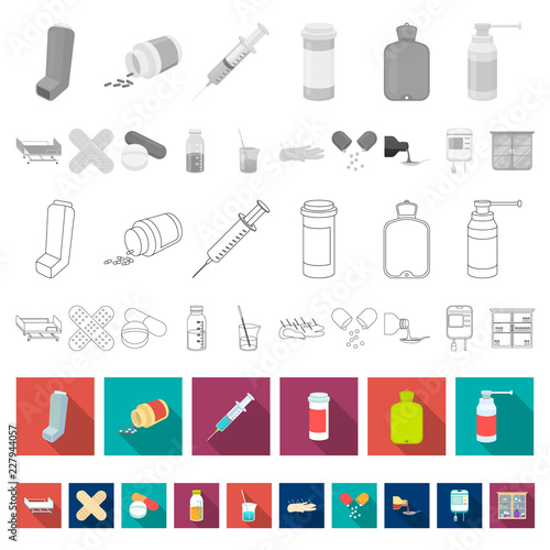 Medicine and treatment flat icons in set collection for design. Medicine and equipment vector symbol stock web illustration.