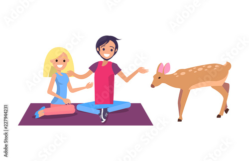 Man and Woman Sit on Blanket Feeding Deer Vector