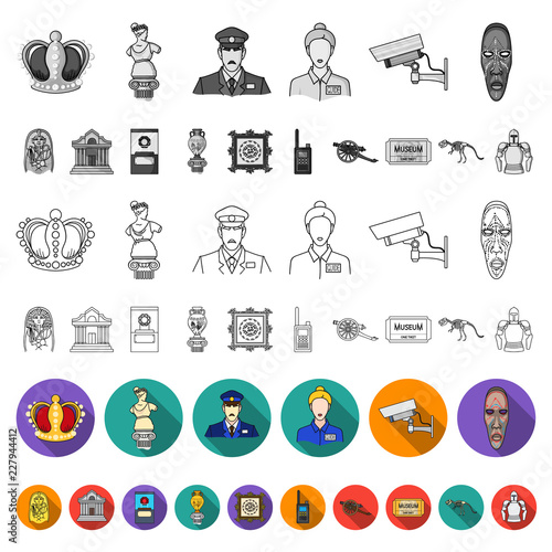 Museum and gallery flat icons in set collection for design. Storage and exhibition of showpiece vector symbol stock web illustration.