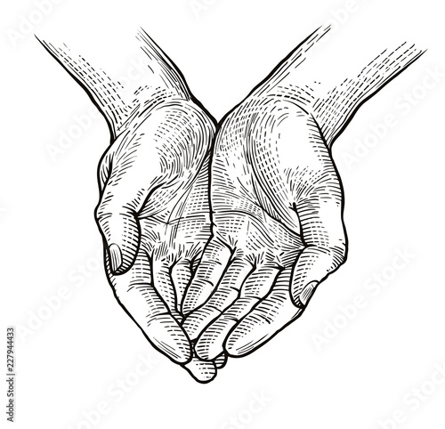 Folded arms, cupped or open hands sketch. Vintage vector illustration