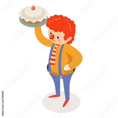 Cake throw prank pie clown isometric circus joke fun party character isolated cartoon design vector illustration