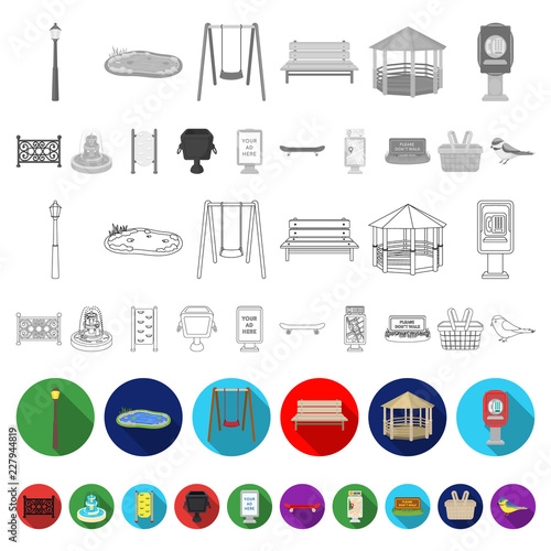 Park, equipment flat icons in set collection for design. Walking and rest vector symbol stock web illustration.