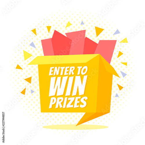 Enter to win prizes gift box. Cartoon origami style vector illustration