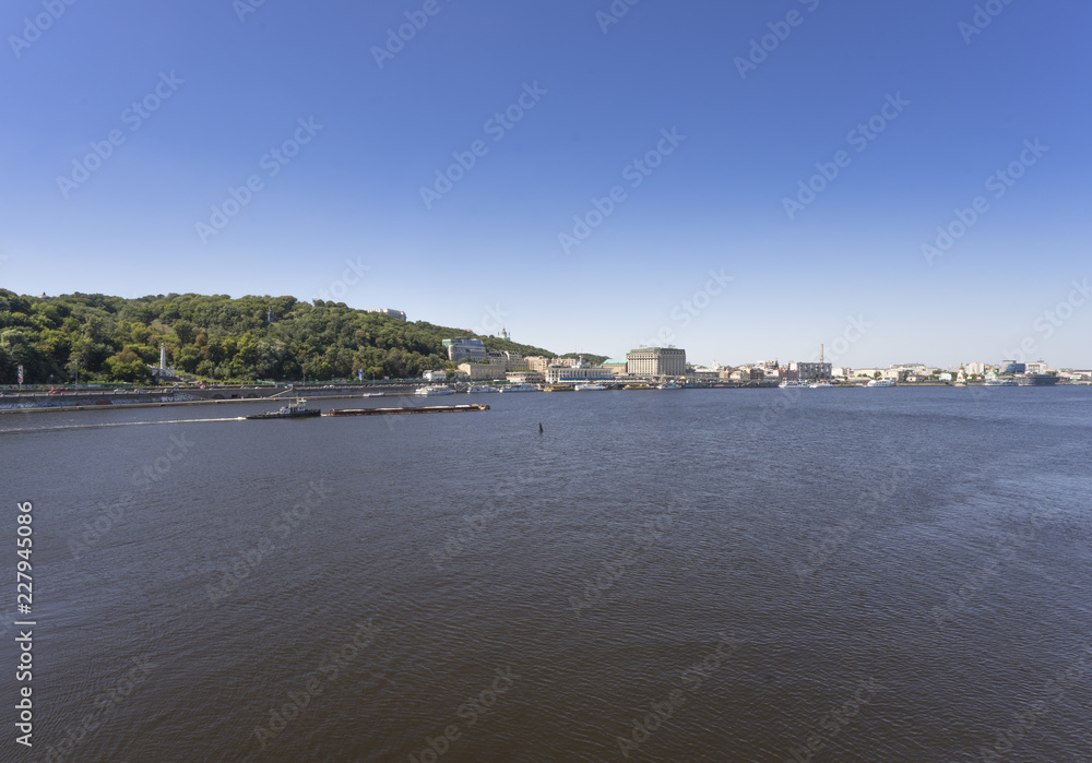 view of pedestrian Park bridge and Dnieper river from above, city of Kiev, Ukraine