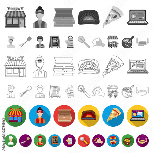 Pizza and pizzeria flat icons in set collection for design. Staff and equipment vector symbol stock web illustration.