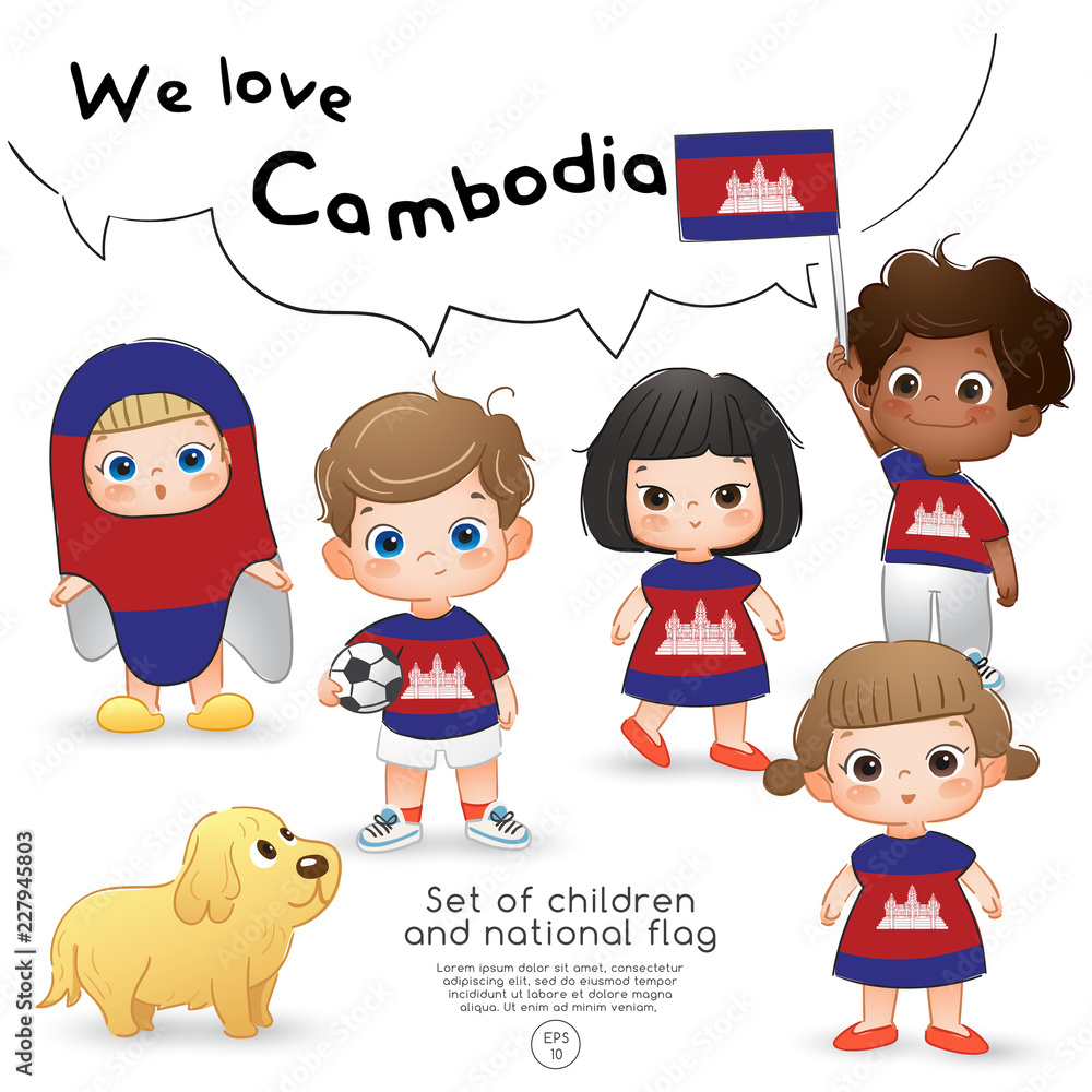 Cambodia : Boys and girls holding flag and wearing shirts with national flag print : Vector Illustration Cambodia : Boys and girls holding flag and wearing shirts with national flag print : Vector Illustration