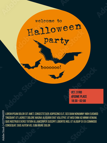 Halloween party invitation poster design template, with bats silhouette in orange circle on dark background, vector graphics