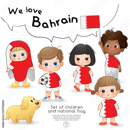 Bahrain : Boys and girls holding flag and wearing shirts with national flag print : Vector Illustration