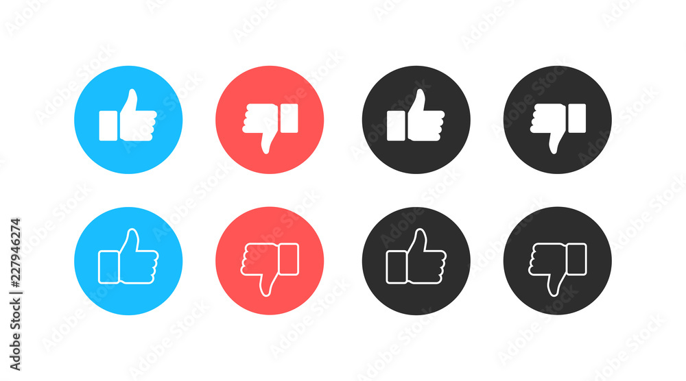 Like and dislike icons collection set. Thumbs up and thumbs down. Modern graphic elements for web banners, web sites, printed materials, infographics. Vector illustration isolated on white background.