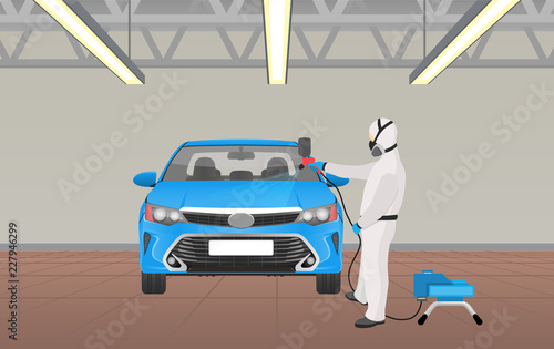 Car Coloring Process by Worker Vector Illustration