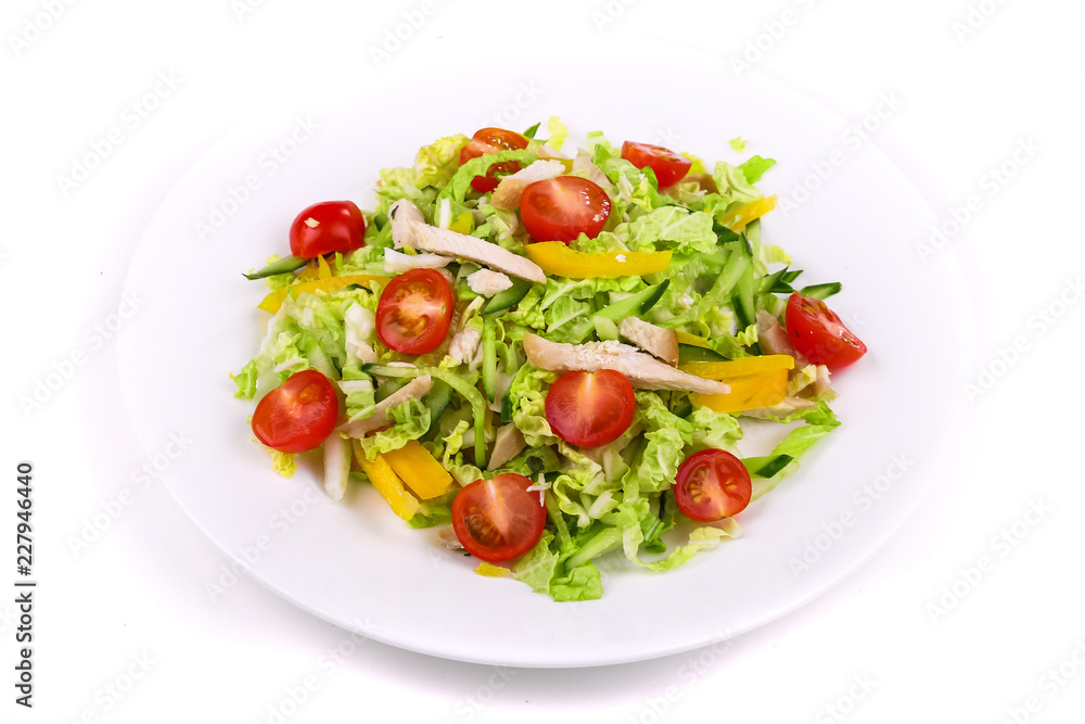 Salad of cherry tomatoes, lettuce and beef