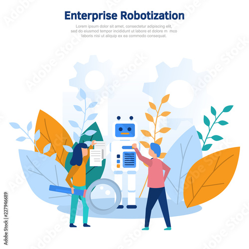Concept illustration production robotization, technical revolution, scientific progress, programming, online settings, training, artificial intelligence. Color flat vector design