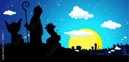 Saint Nicholas, Devil and Angel Silhouette Banner Townscape Vector Illustration