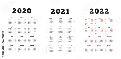 Set of A4 size vertical simple calendars in german at 2020, 2021, 2022 years isolated on white