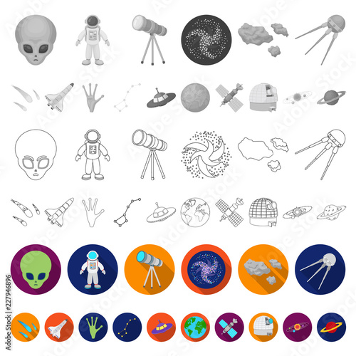 Space technology flat icons in set collection for design.Spacecraft and equipment vector symbol stock web illustration.