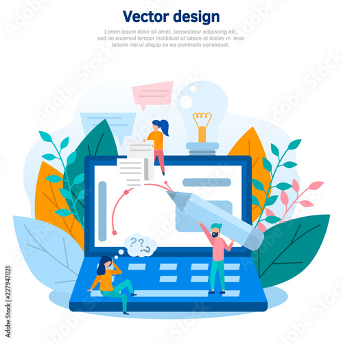 Concept illustrations of graphic design, freelance, vector graphics, graphic studio, web design, online work, internet design. Color flat vector design